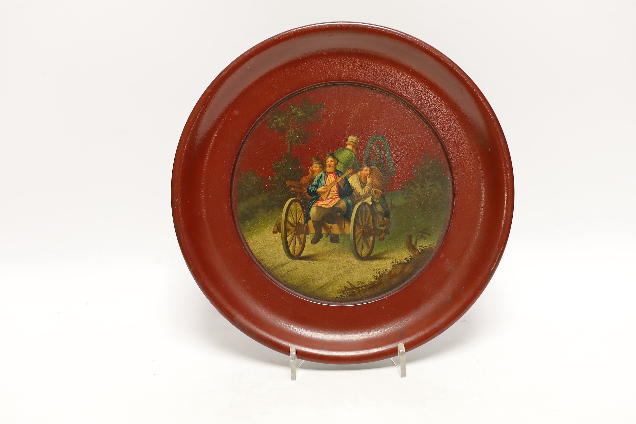 A Russian lacquer dish and a small Russian lacquer Easter egg, Lukutin, late 19th century, 21cm and 5.5cm, Please note this lot attracts an additional import tax of 5% on the hammer price